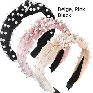 3 Pieces Pearls Headband -- Velvet Twisted Pearls